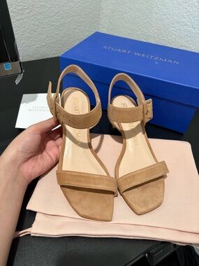 Stuart Weitzman Beige Suede Strappy Block Heel Sandals